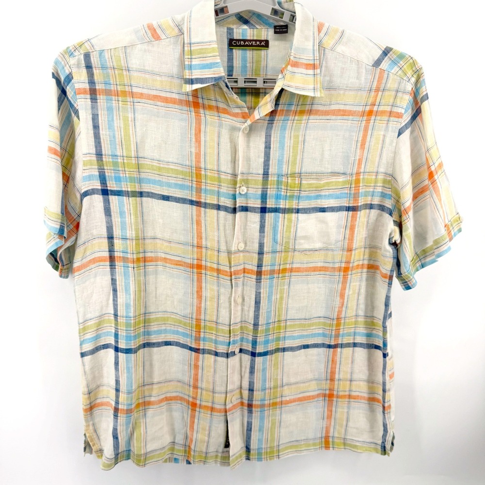 Cubavera Plaid 100% Linen Shirt Men XL Multicolor Short Sleeve Button Down Beach - Picture 3 of 11